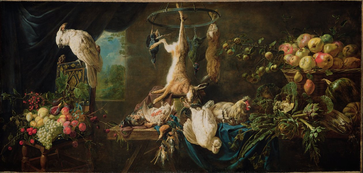 Still Life: Game, Vegetables, Fruit, Cockatoo by Adriaen van Utrecht