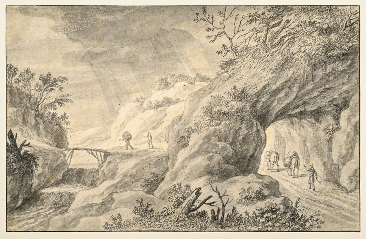Rocky landscape with road by Adriaen I van Nieulandt