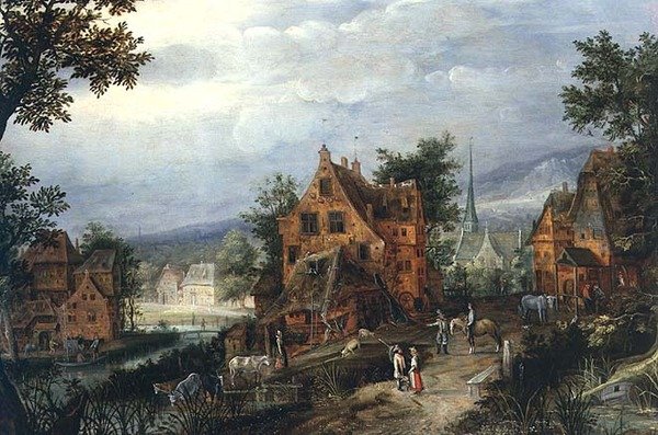 Village Scene with Figures by Adriaen van Stalbemt