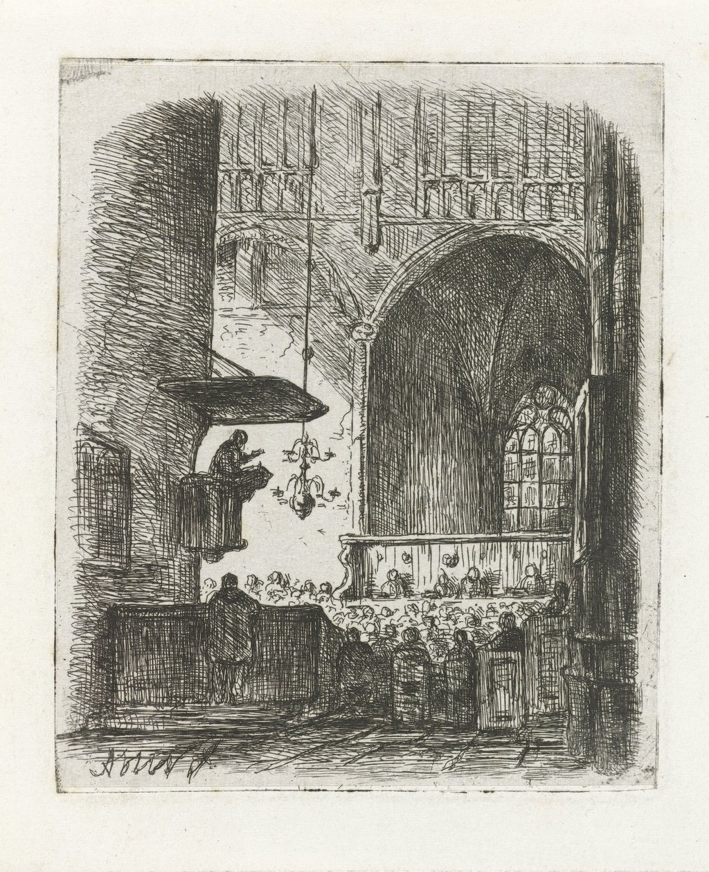 Church Interior with Service by Adrianus Wilhelmus Nieuwenhuyzen