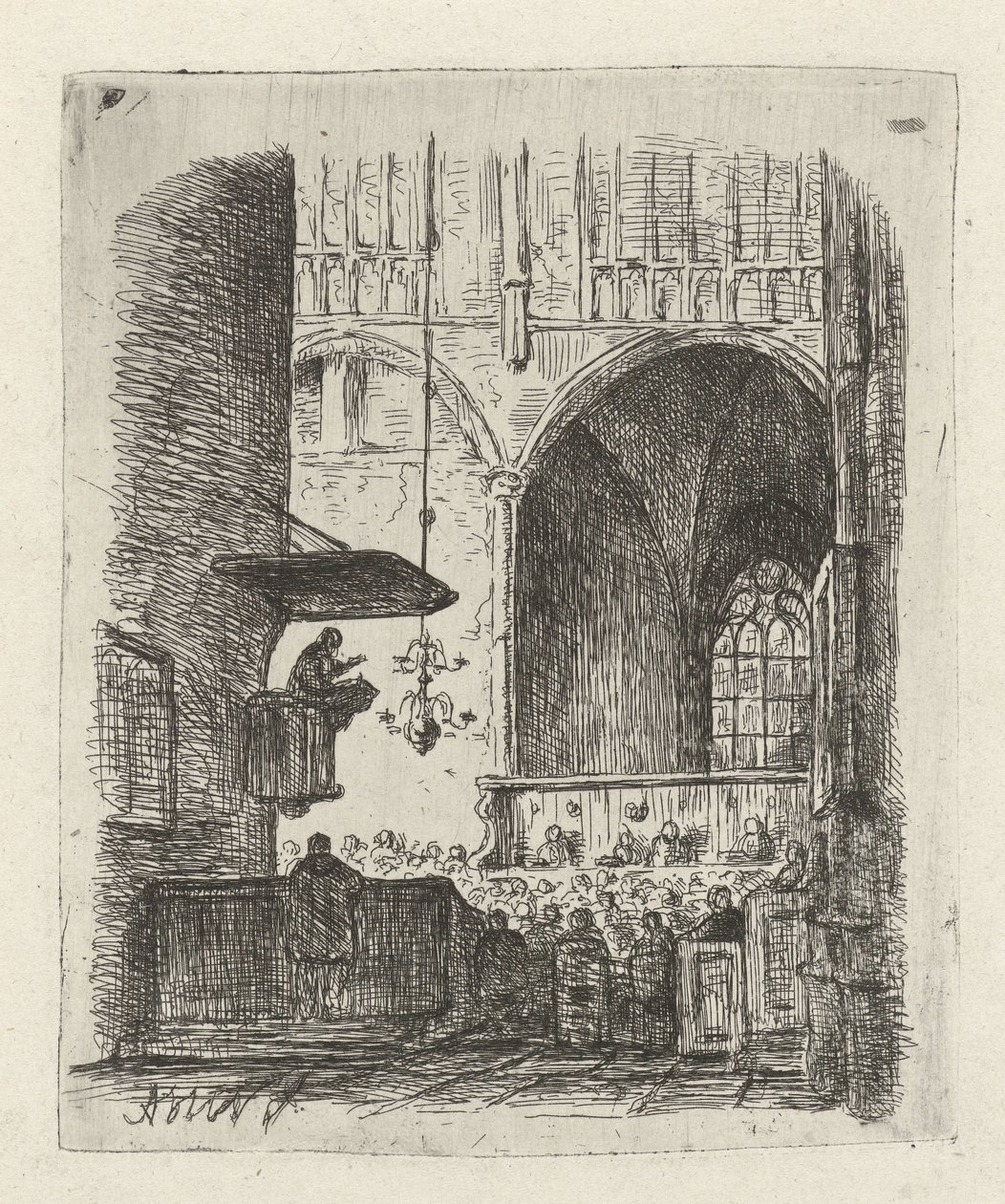 Church Interior with Service by Adrianus Wilhelmus Nieuwenhuyzen