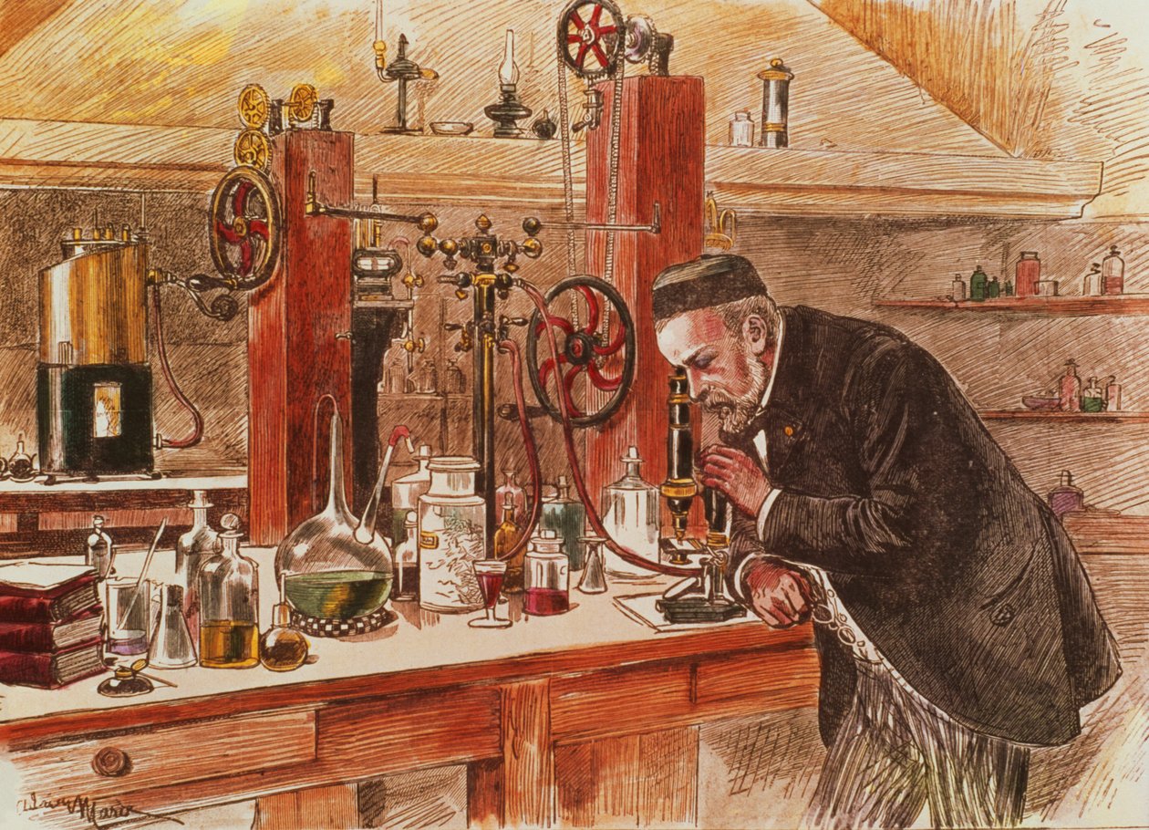 Louis Pasteur experimenting for the cure of hydrophobia in his laboratory by Adrien Emmanuel Marie