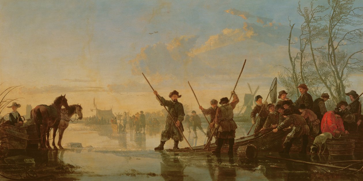 Skating scene with the Maas at Dordrecht by Aelbert Cuyp