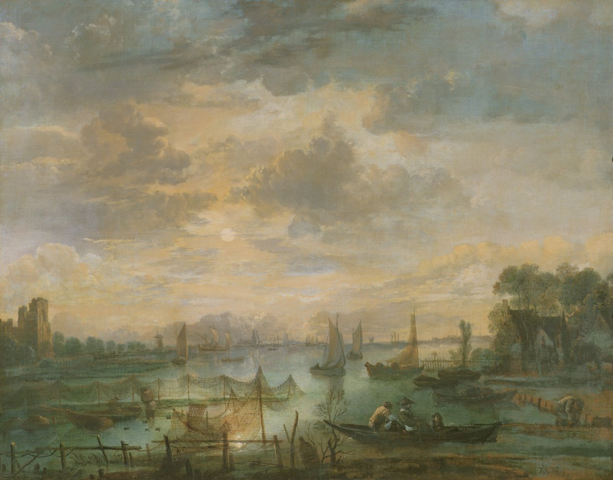 Moonlit scene with fishermen by Aert van der Neer