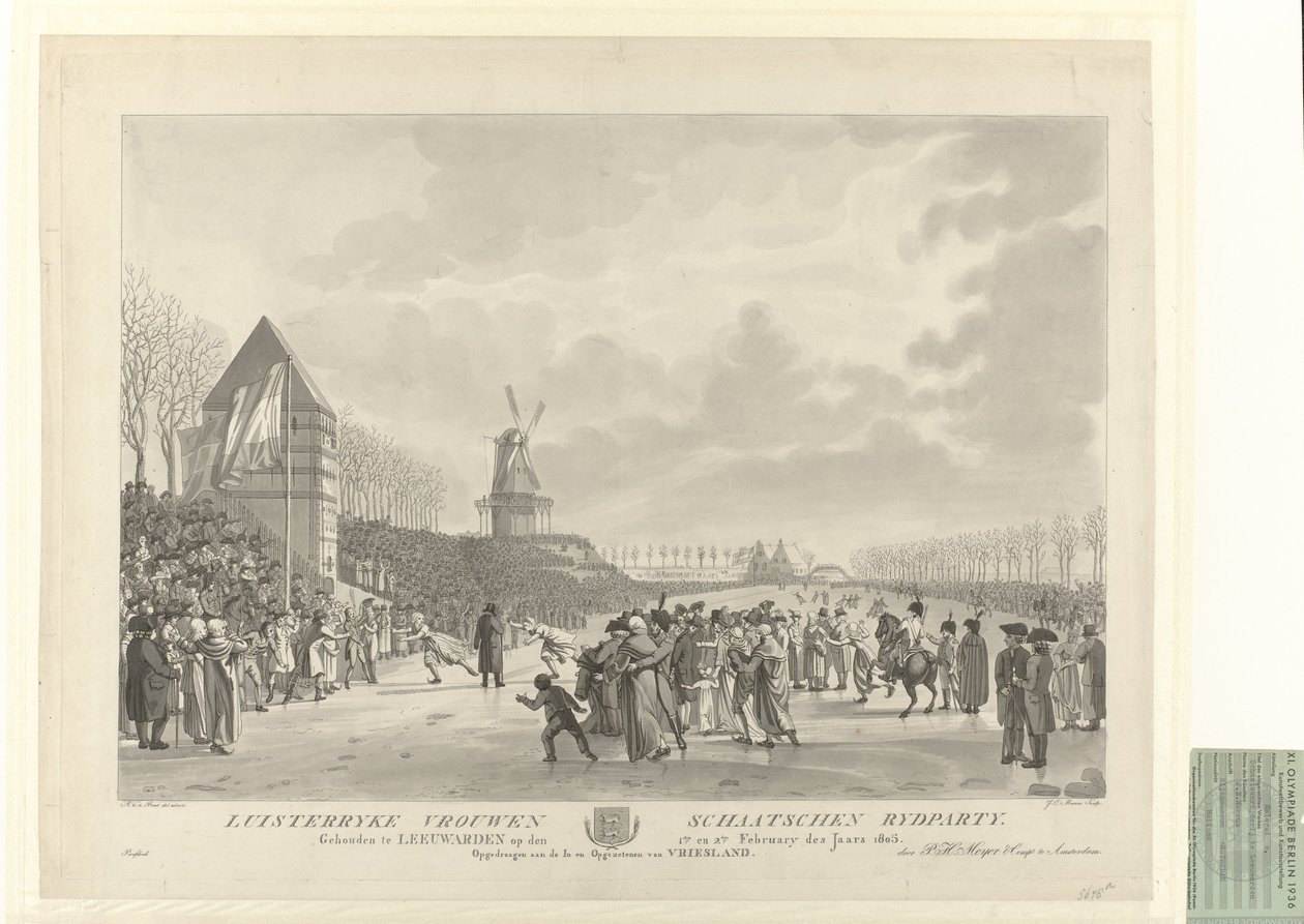Kortebaanschaatsen Ice Skating Competition in 1805 in Leeuwarden Near the Vrouwenwaterpoort with a Windmill Beyond. Winner was Trijntje Pieters Westra by After Aldert Jacobs van der Poort  