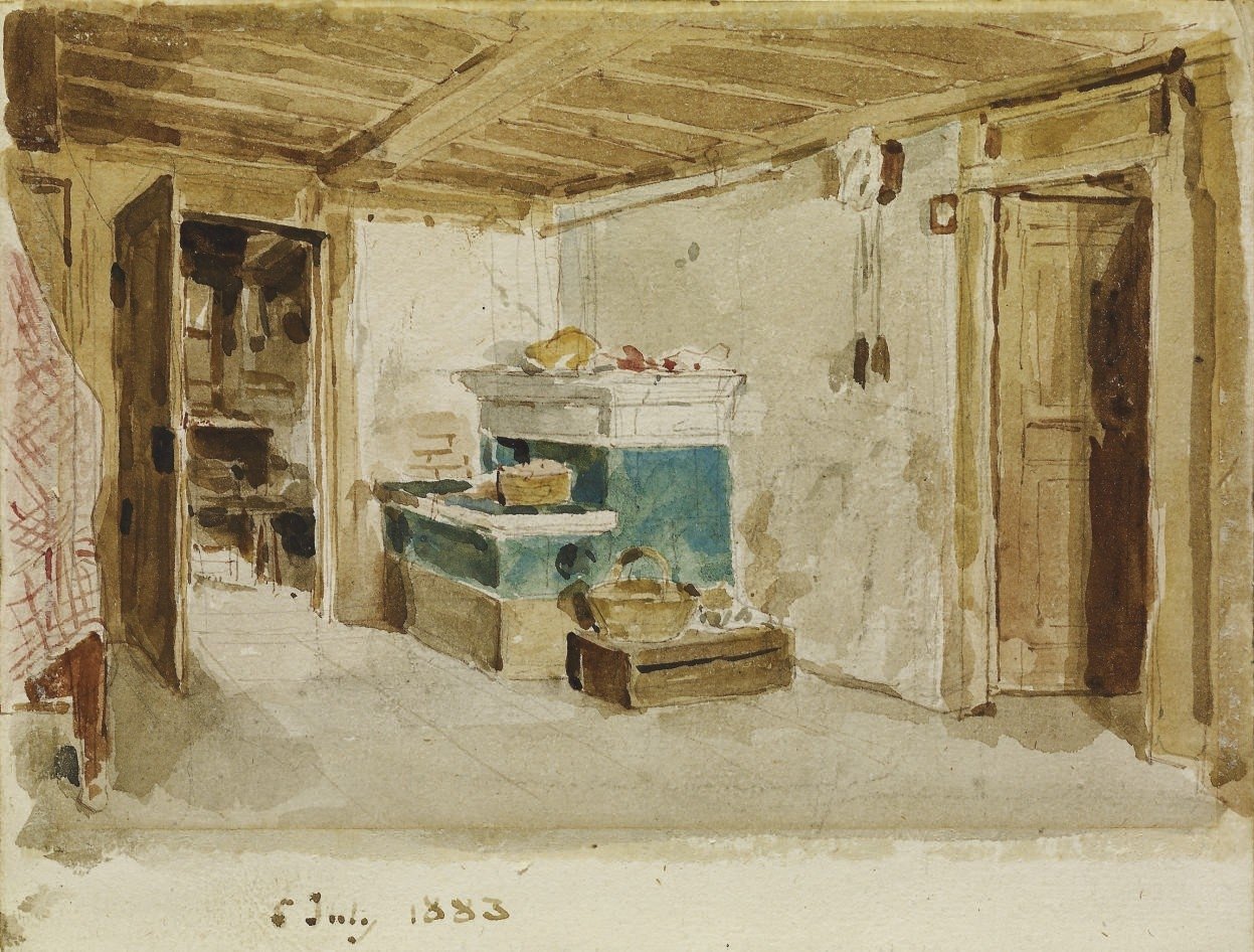 Farmhouse Room with Green Stove by Albert Anker