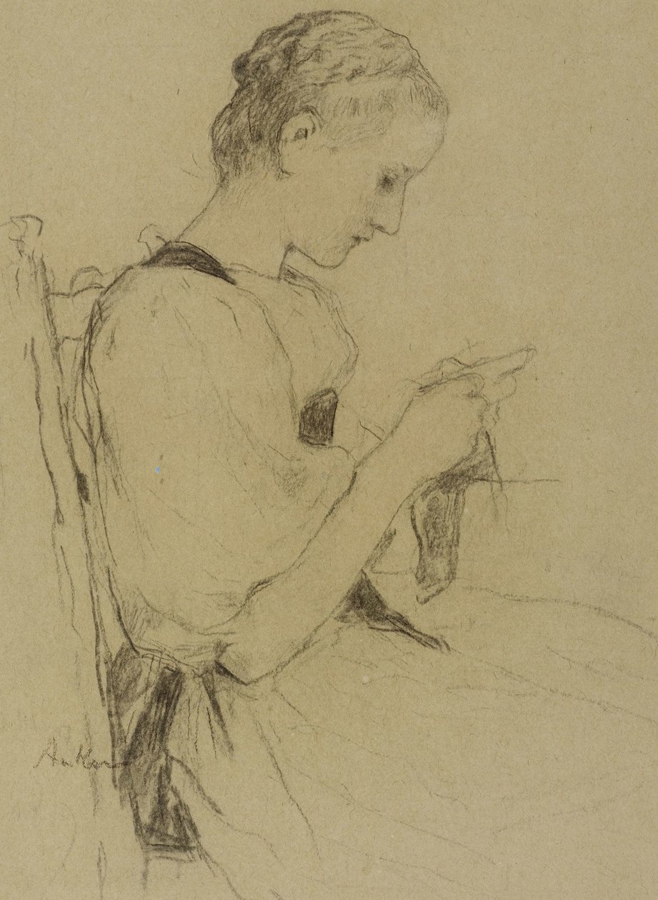 Sitting Girl Knitting by Albert Anker