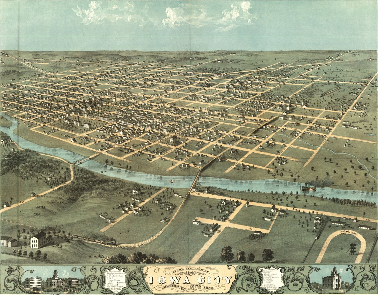 A Birdseye View of Iowa City, Iowa in 1868 by Albert Ruger
