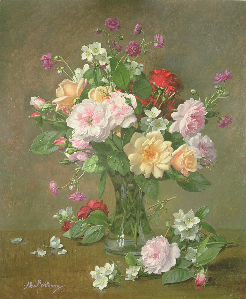 Roses and Gardenias in a Glass Vase by Albert Williams