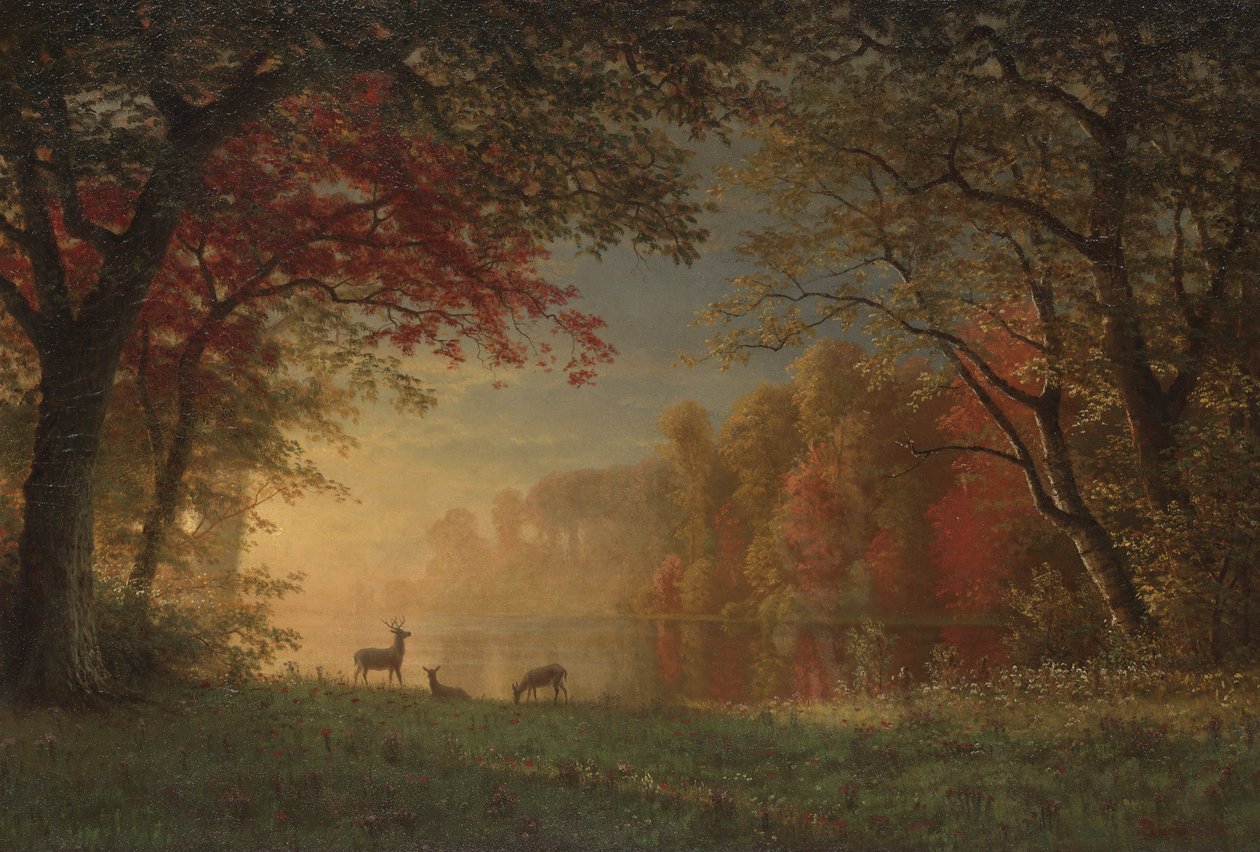 Indian Sunset: Deer by a Lake by Albert Bierstadt