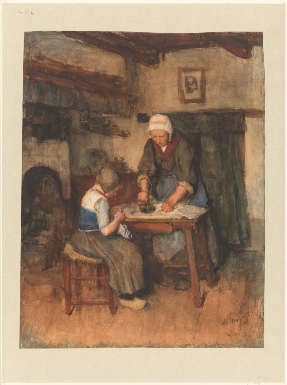 Interior with Woman Ironing and Child Sewing by Albert  Neuhuys