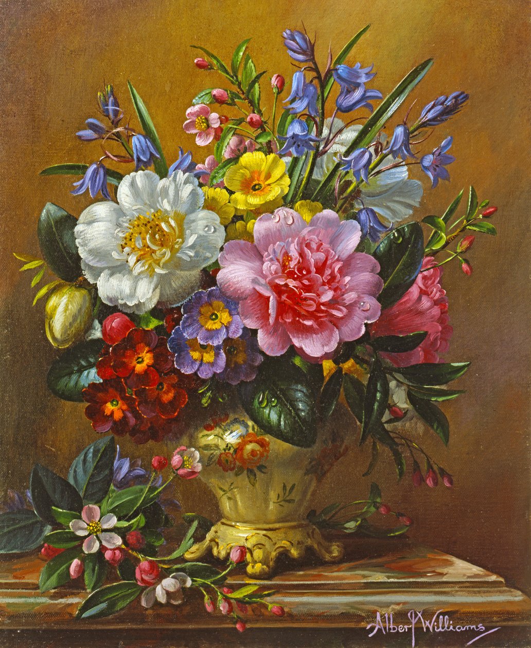 AB1112 Peonies, Bluebells and Primulas by Albert Williams