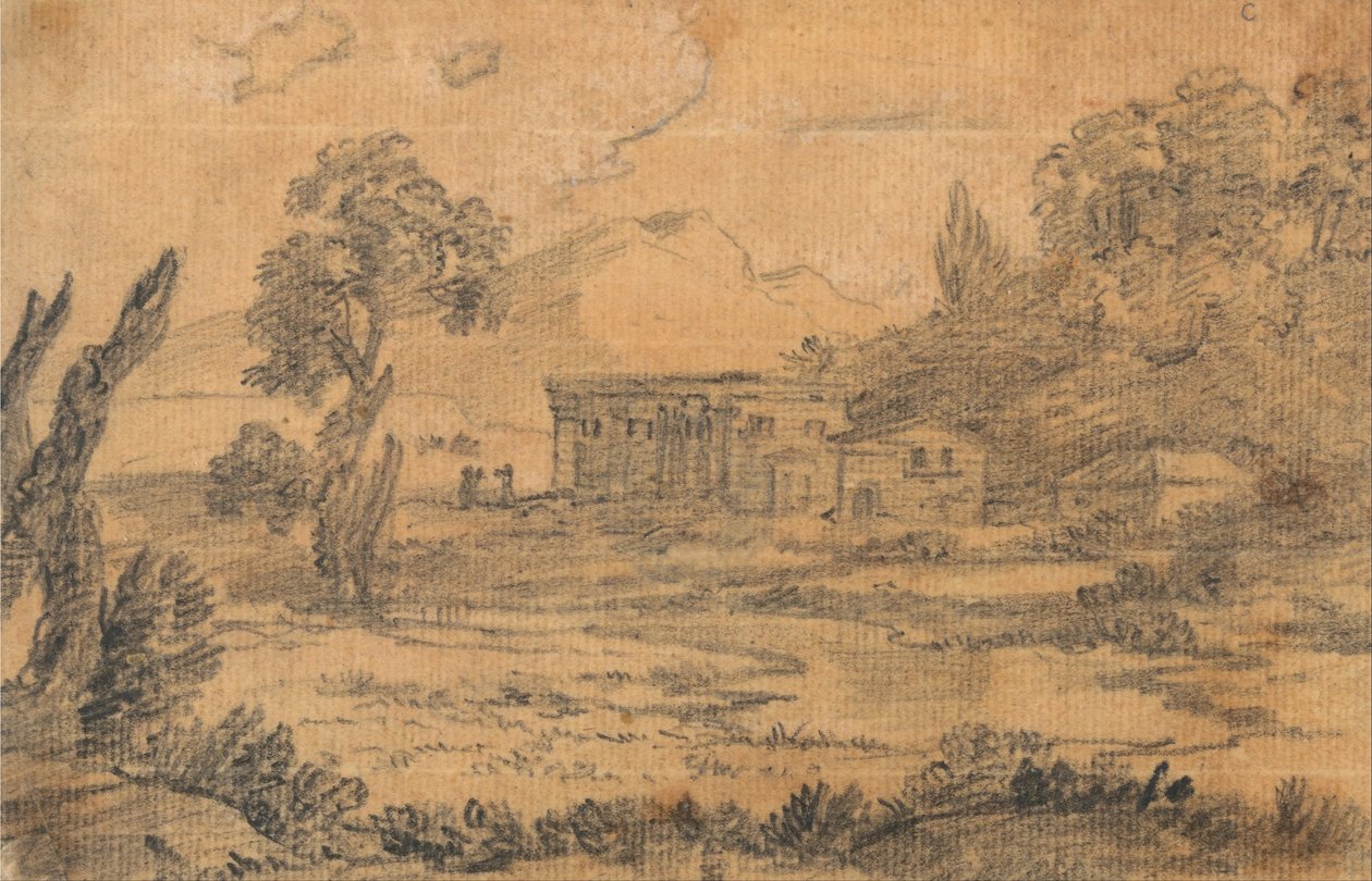 Buildings by a River with Hills in Background by Alexander Cozens