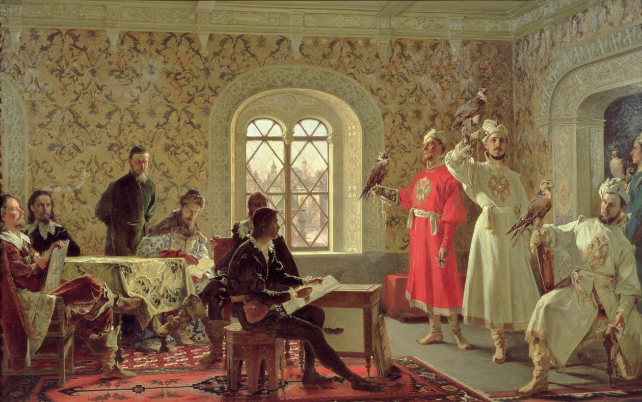 The Italian Ambassador Calvuci Drawing the Falcons of Tsar Alexei Mikhailovich (1629-76) 1889 by Alexander Dimitrievitch Litovtchenko
