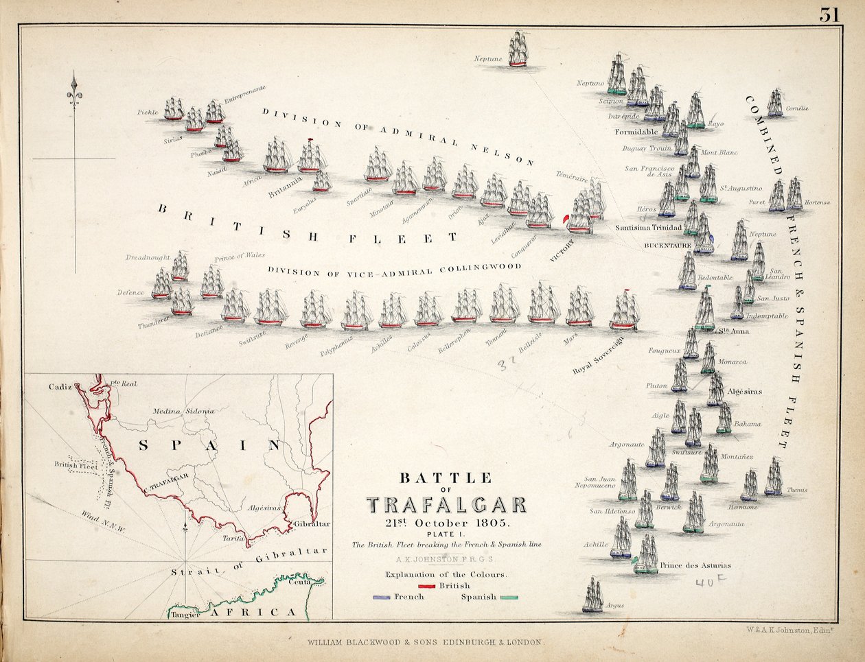 Map of the Battle of Trafalgar, published by William Blackwood and Sons, Edinburgh and London by Alexander Keith Johnston