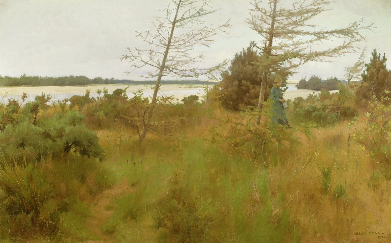 Gathering Firewood by the shore of a lake by Alexander Mann