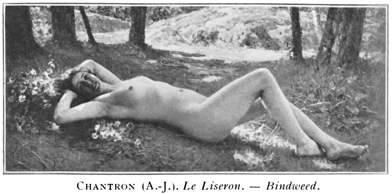 Black and White Photo of a Painting Depicting a Nude Woman Reclining in a Forest Near a Patch of Flowers with Trees and a Shallow Waterfall in the Background by Alexandre Jacques Chantron