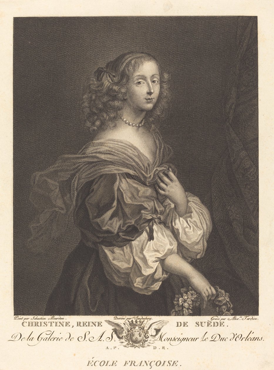 Queen Christina of Sweden by Alexandre Tardieu after Sébastien Bourdon after Charles Auguste van den Berghe