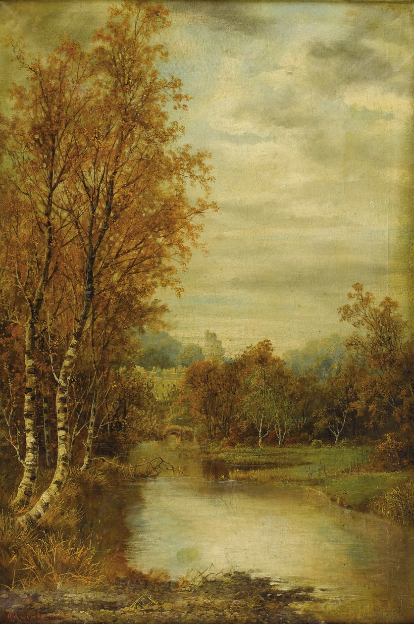 Autumn Landscape with Pond and Castle Tower by Alfred Augustus Glendening