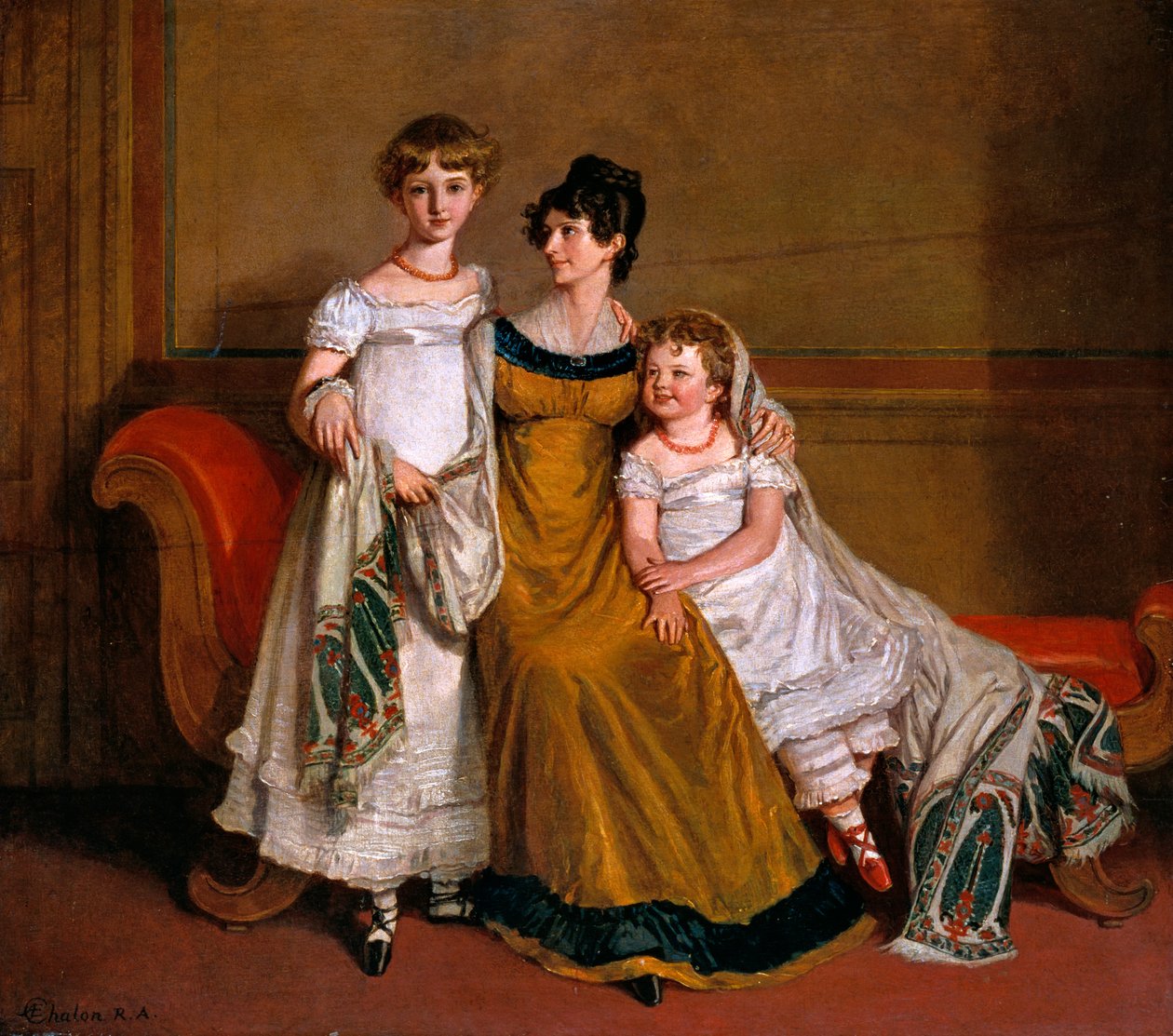 Portrait of a woman with two children in a domestic interior by Alfred Edward Chalon