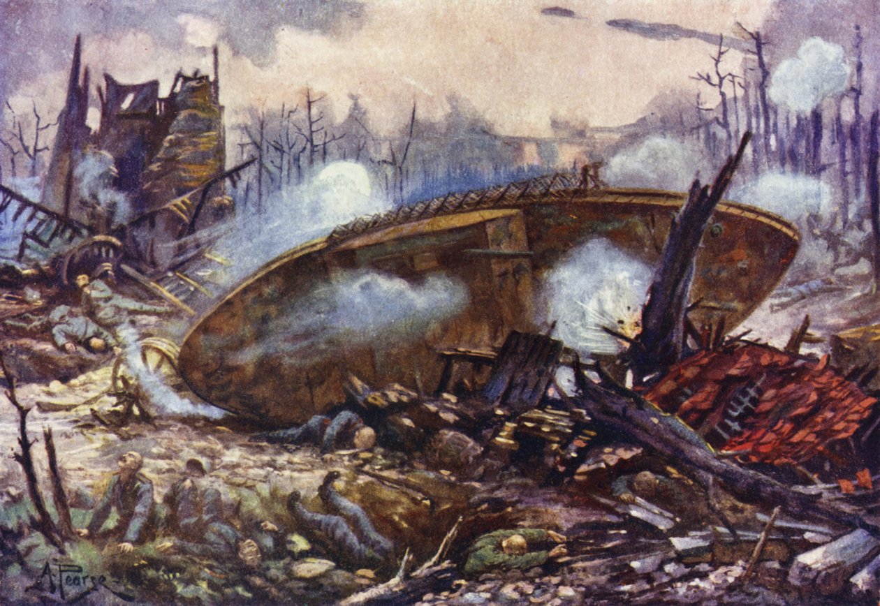 Captain Arthur Inglis Bringing His Tank Forward Over Difficult Ground, World War I by Alfred Pearse