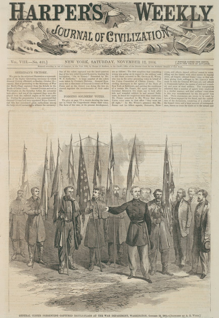 General Custer presenting captured battle flags at the War Department, Washington, front page of 