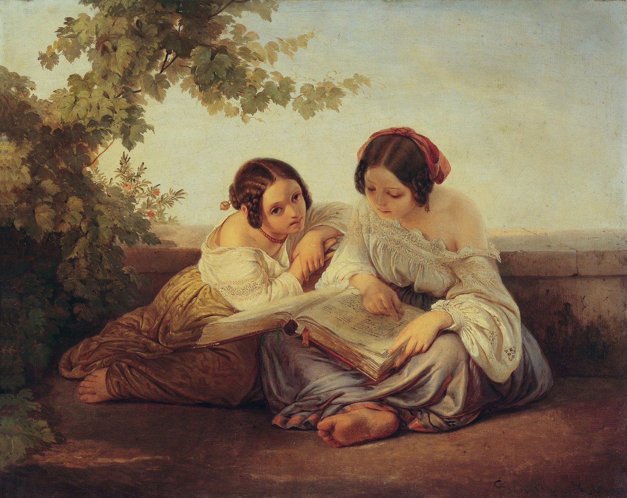Two Girls Reading in Front of a Landscape Background by Alfred von Schüssler