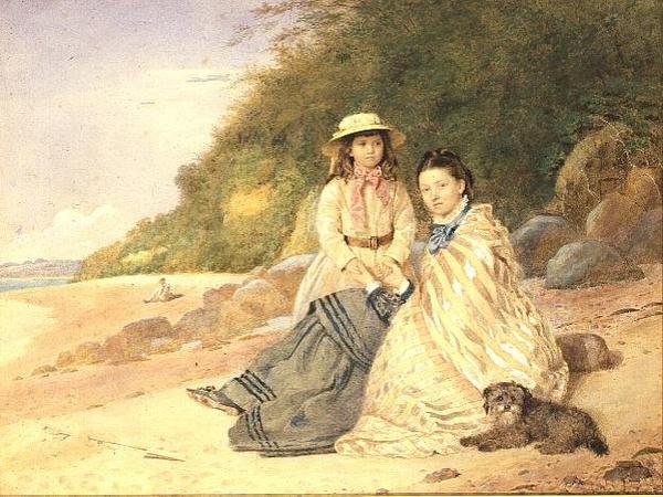Mother and Daughter with Dog by Alfred Tidey