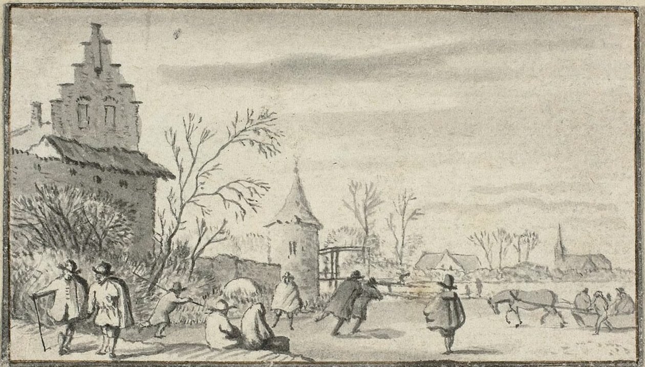 Skaters on Pond Outside Town by Allaert van Everdingen