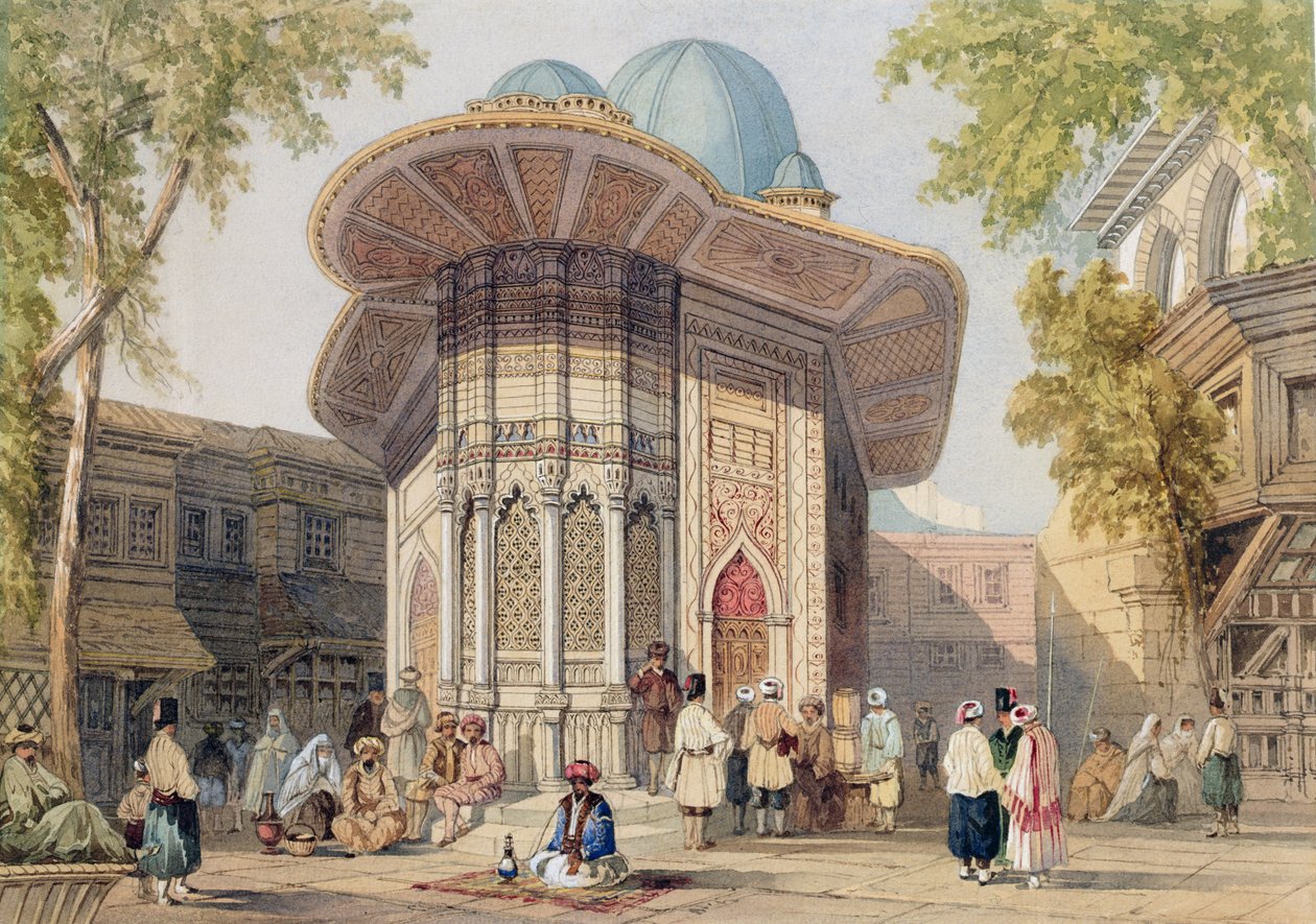 Turkish figures before a kiosk by Amadeo Preziosi