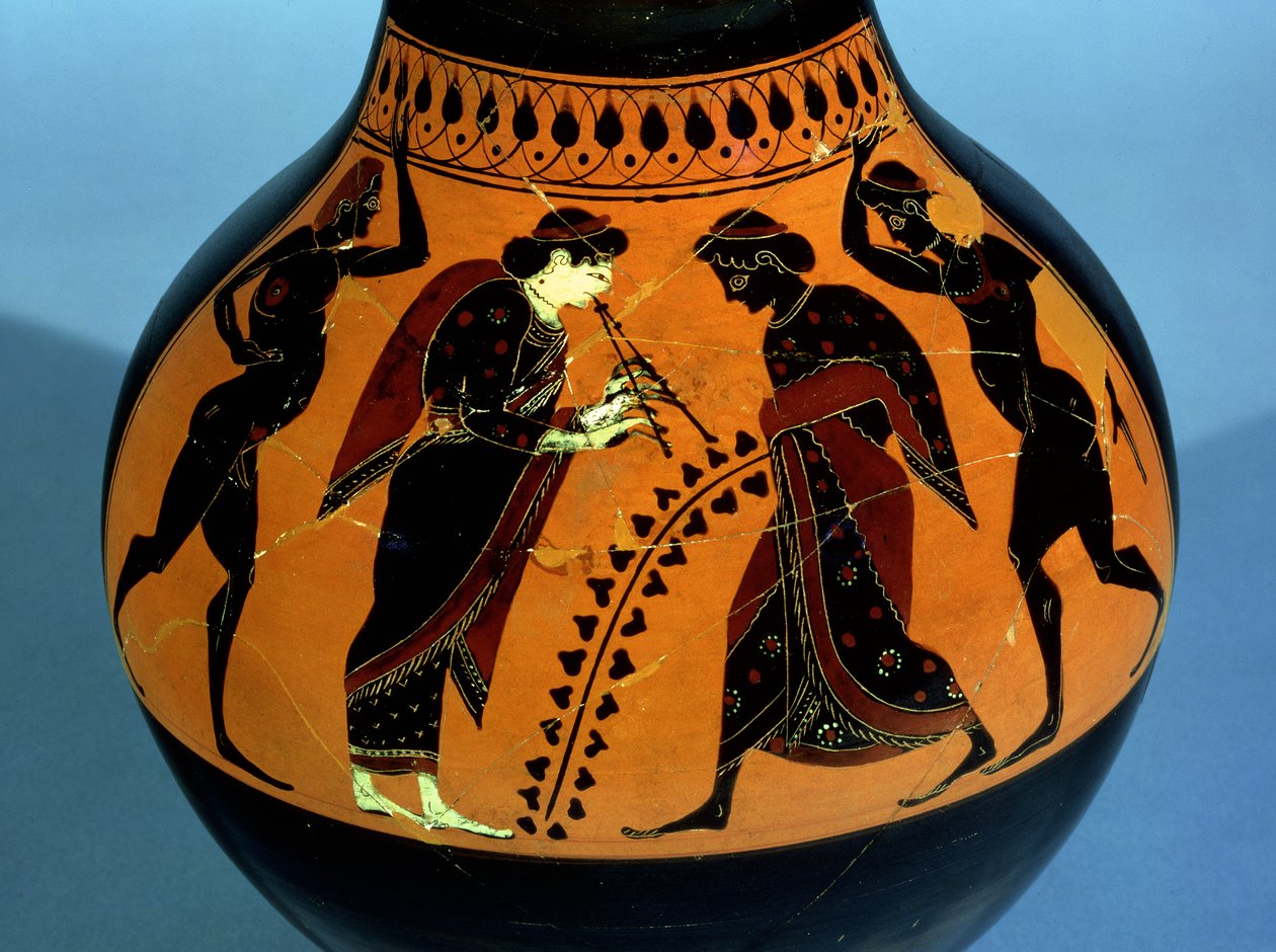 Attic black-figure oinochoe decorated with a scene of a drinking party with dancers and a woman playing a reed instrument by Amasis Painter