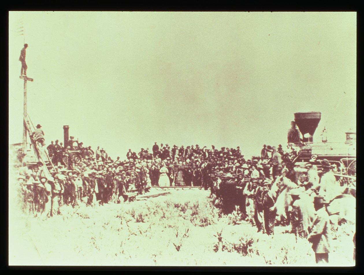 Meeting of the Union Pacific and the Central Pacific Railways at Promontory Point, Omaha, 10th May 1869 by American Photographer