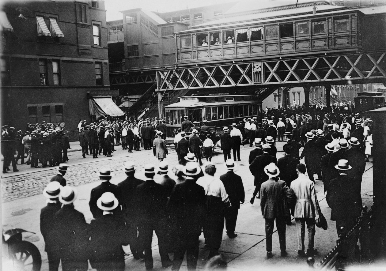 Strikes, street railways, New York. Stopped car on 86th St. and 6th Ave., 1916 by American Photographer