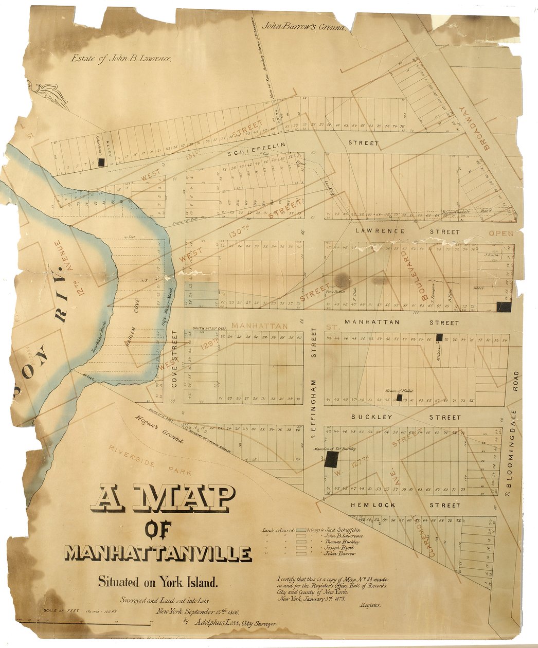 A Map of Manhattanville situated on York Island surveyed and laid out into lots by Adolphus Loss, 1806 (Pen-and-ink (black and colour), watercolour on paper; mounted on cloth) by American School