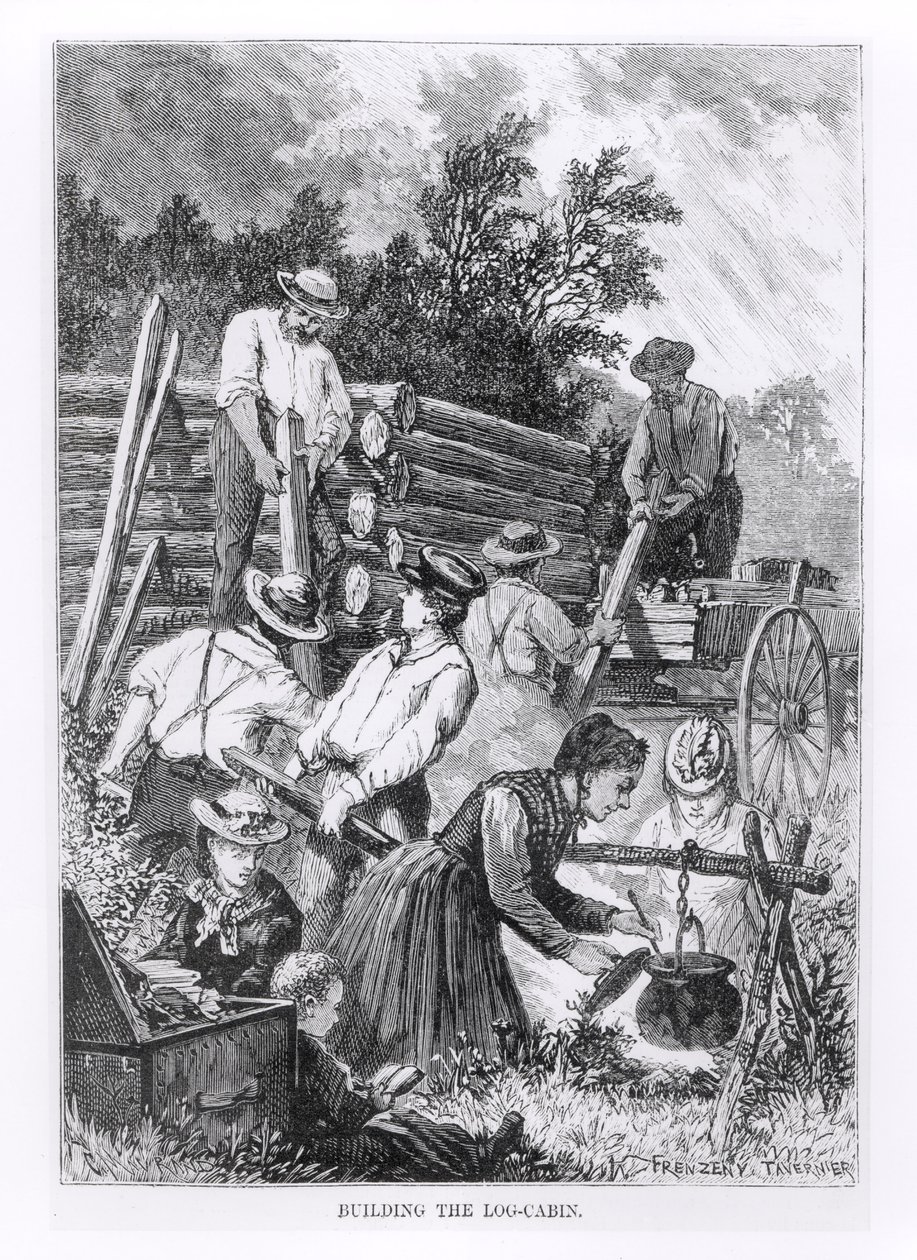 Building the Log-Cabin, Engraved by Charles Maurand by American School