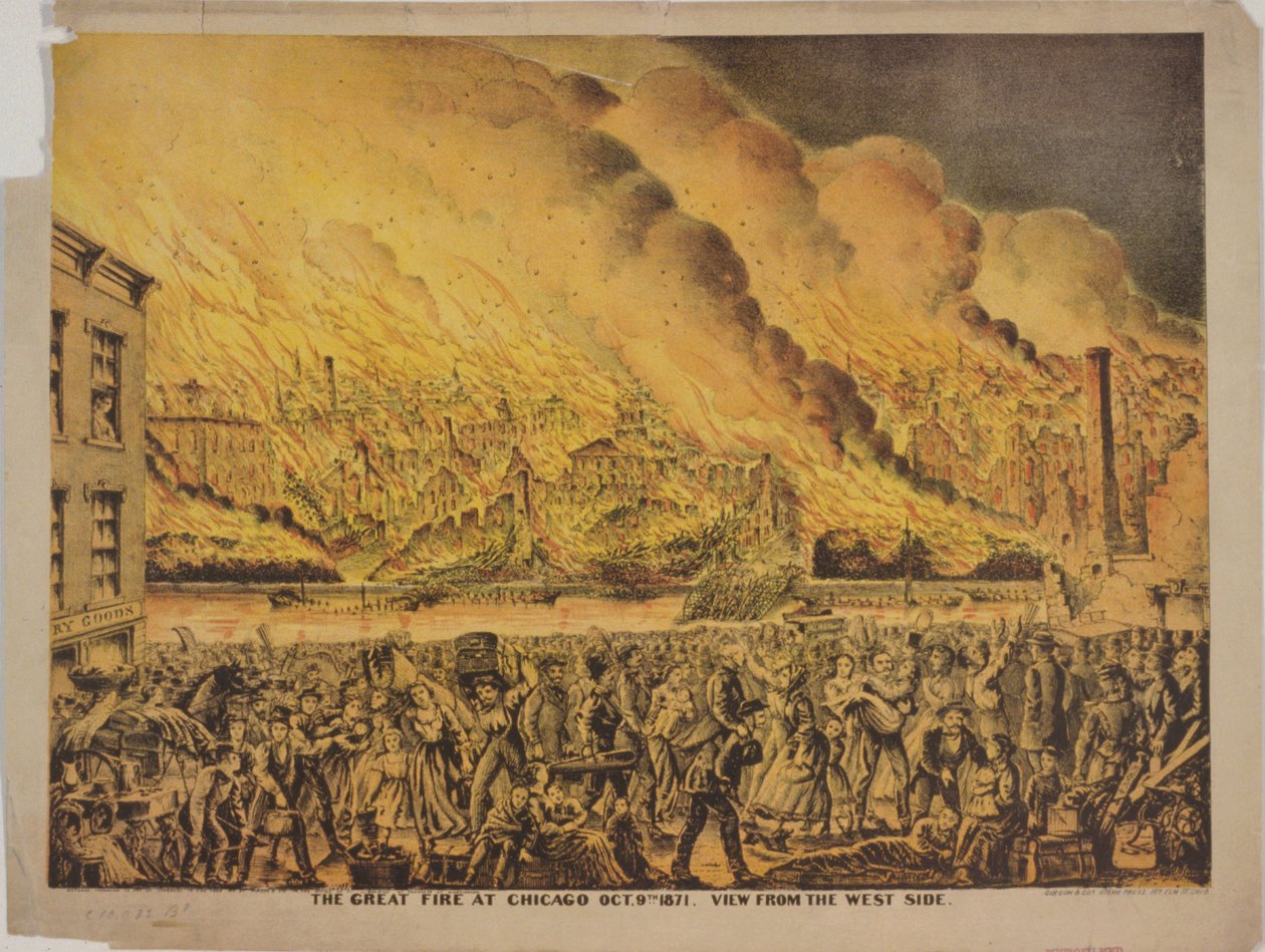 View of the Great Fire of Chicago, 9th October 1871, from the West Side by American School