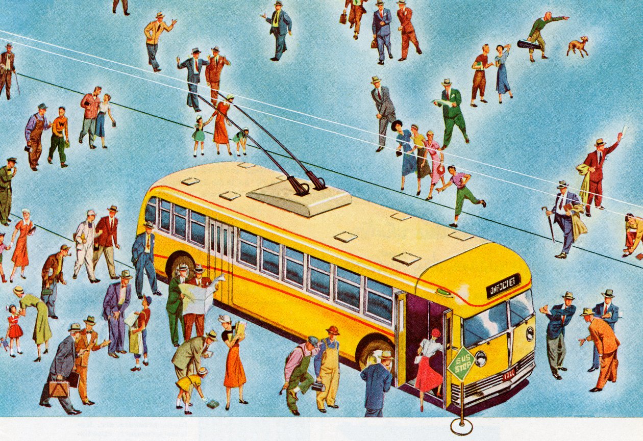 Pedestrians Getting on a City Bus by American School