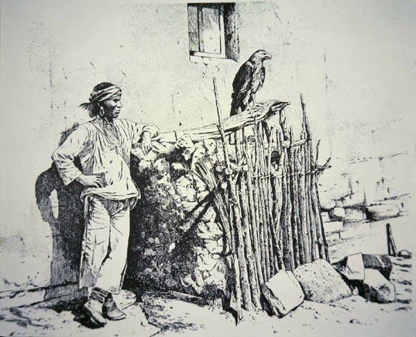 Zuni tribesman with an eagle cage by American School