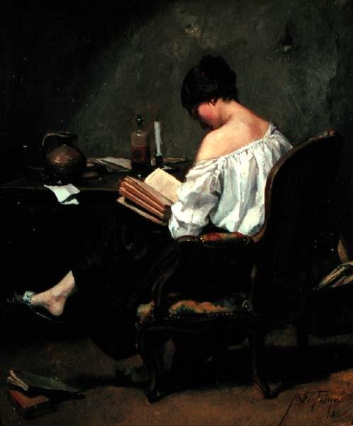 Girl Reading by Candlelight by Andre Fontaine