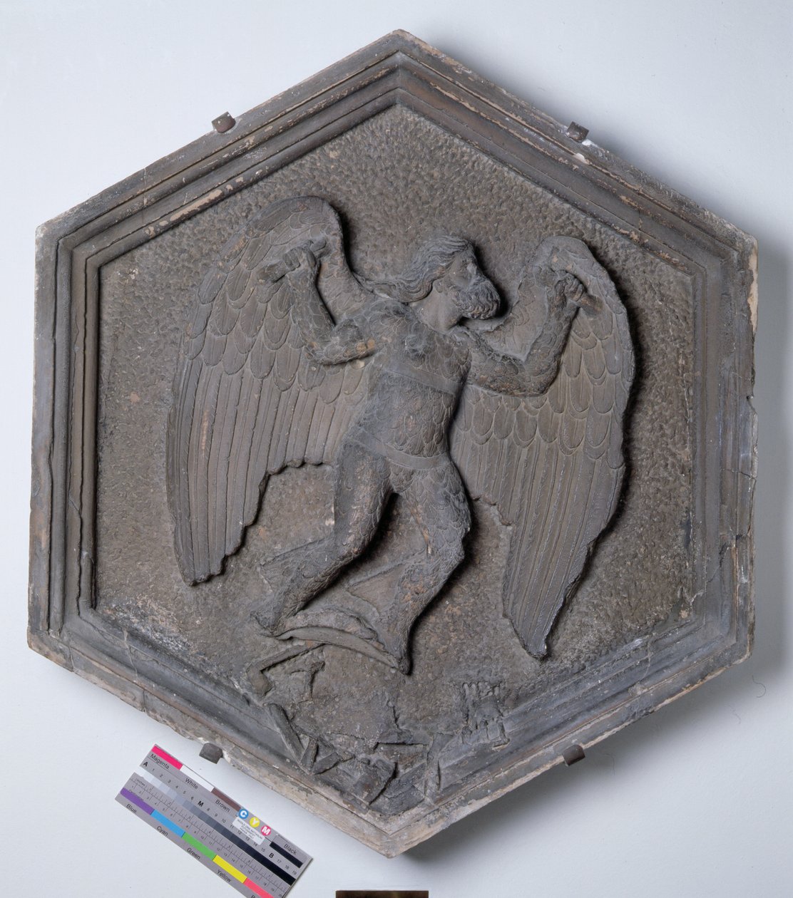 The Art of Flight, Daedalus, hexagonal decorative relief tile from a series depicting the practitioners of the Arts and Sciences, possibly based on designs by Giotto c.1334-48 by Andrea Pisano