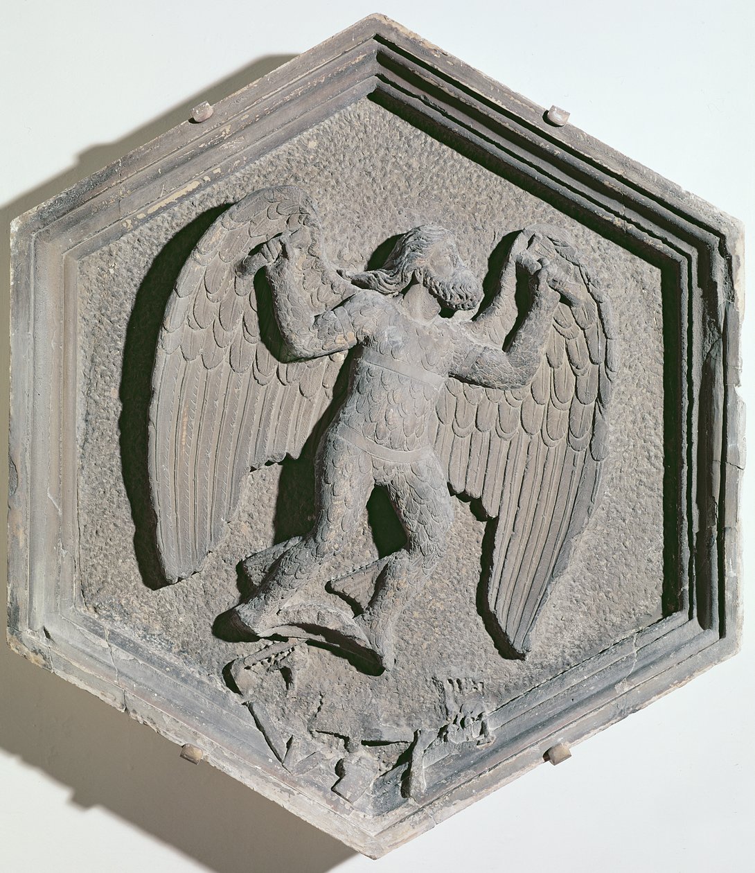 The Art of Flight, Daedalus, hexagonal decorative relief tile from a series depicting the practitioners of the Arts and Sciences, possibly based on designs by Giotto by Andrea Pisano
