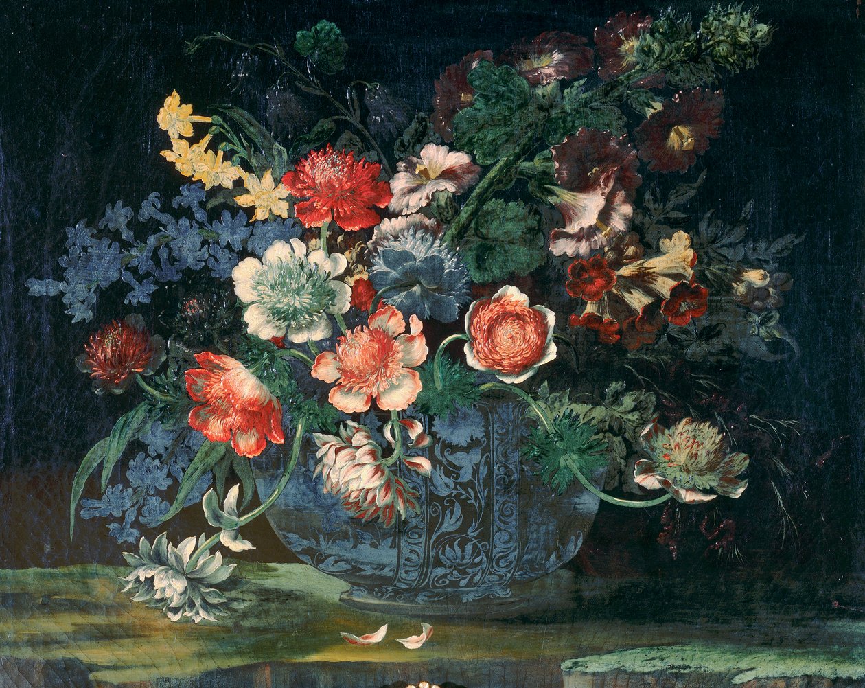 Basin of Chinese porcelain with a bunch of flowers by Andrea the Elder Scacciati