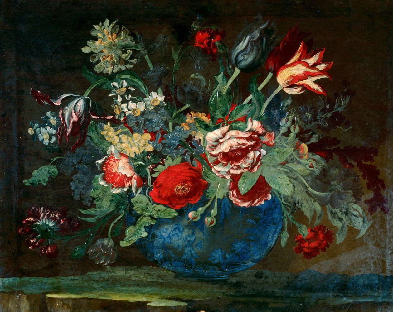 Basin of Chinese porcelain with a bunch of flowers by Andrea the Elder Scacciati