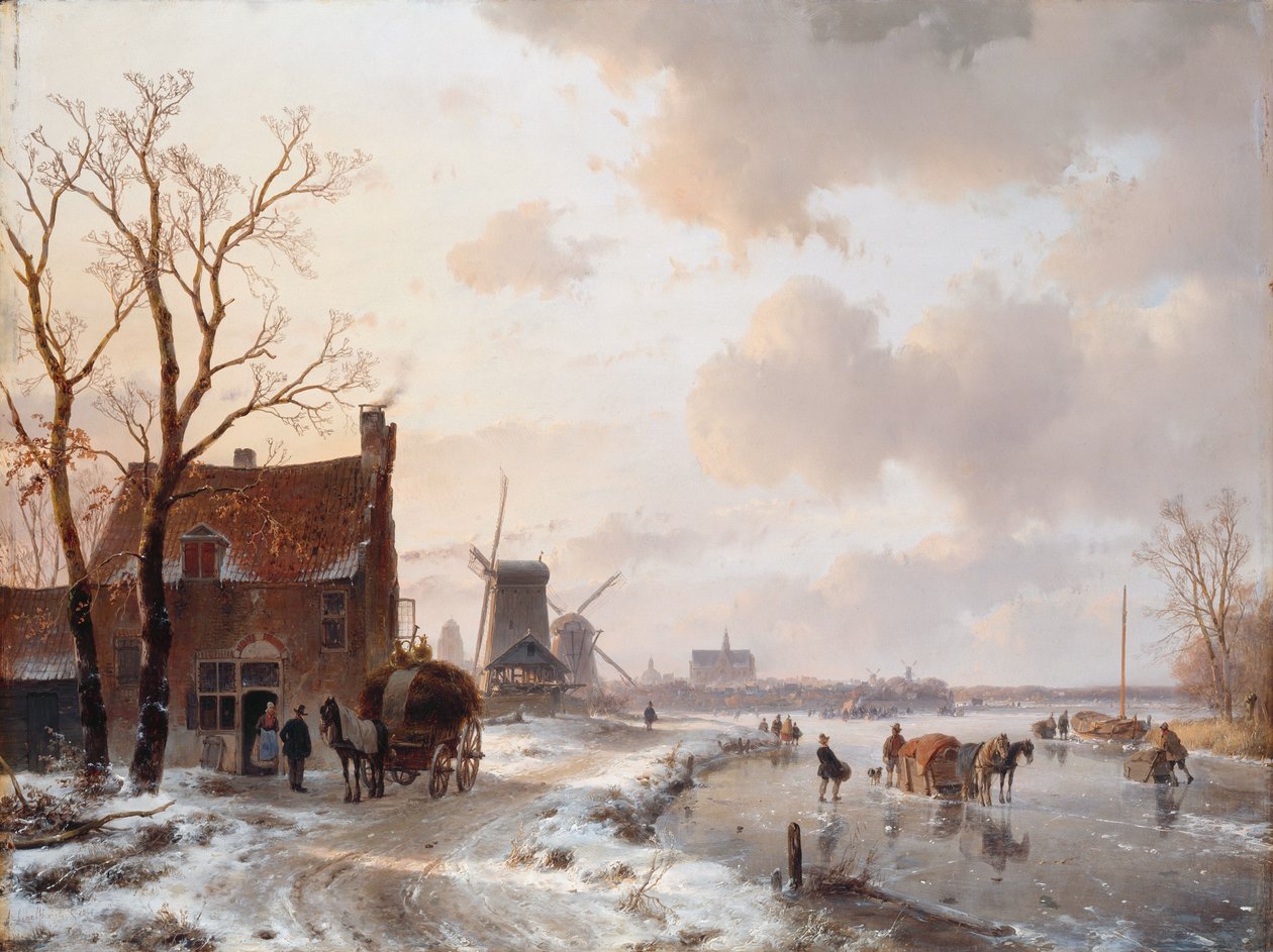 Winter Landscape with Horses on the Ice by Andreas Schelfhout