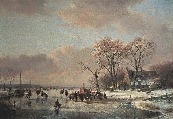 Winter River Landscape with Numerous Skaters by Andreas Schelfhout