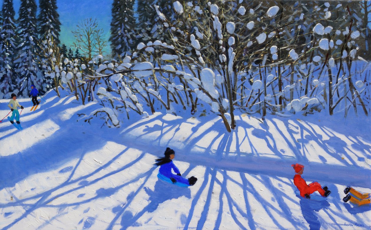Sledging and Skiing Down the Trail, Morzine by Andrew Macara
