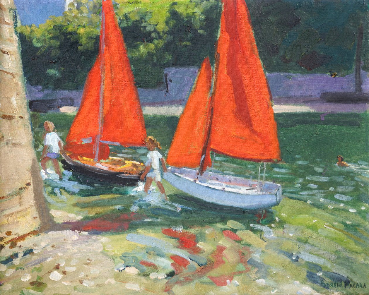 Girls with sail boats Looe by Andrew Macara