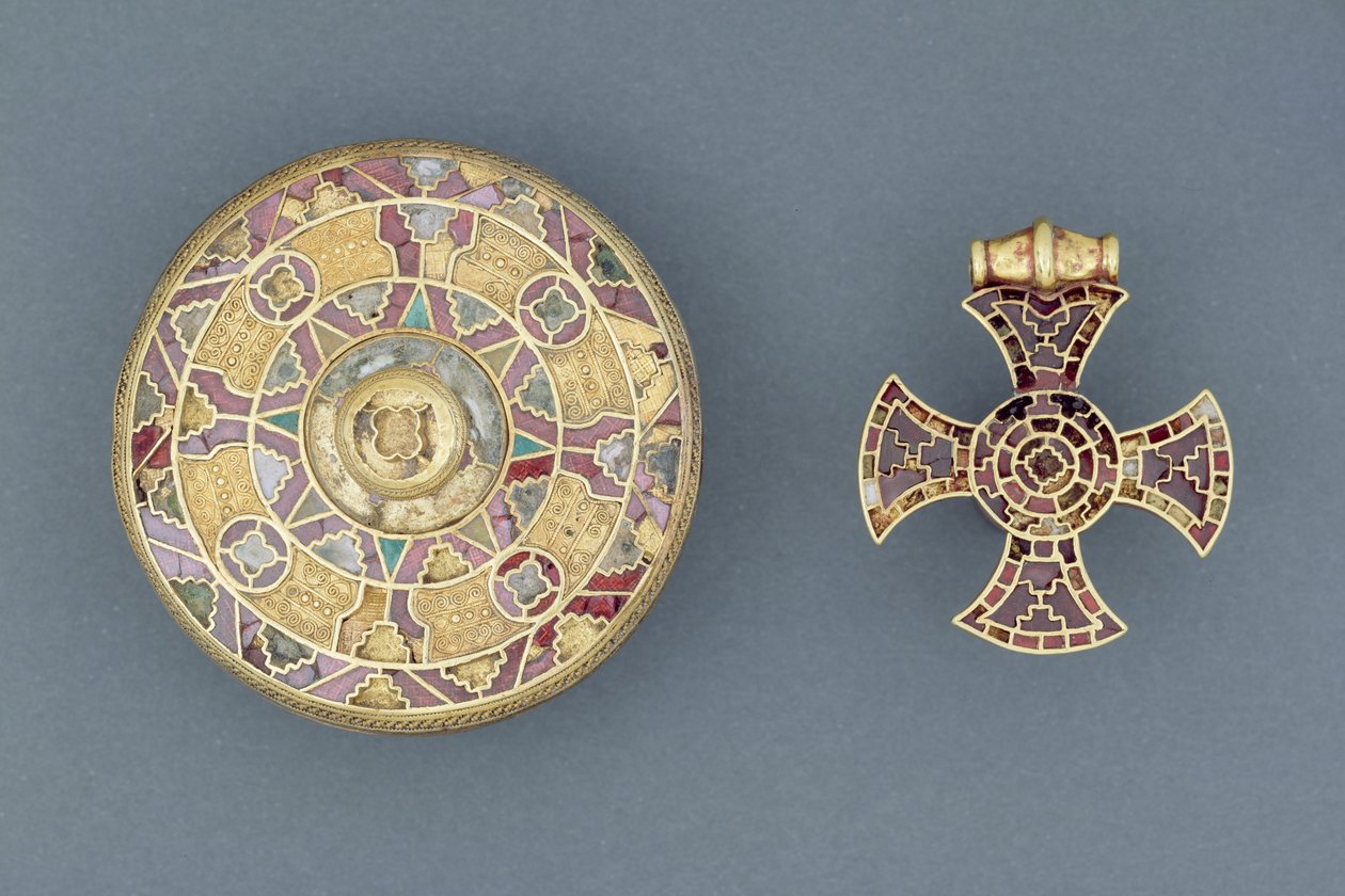Jewelled Pendant Cross from Ixworth, Suffolk; and Jewelled Disc Brooch from Sarre, Kent, Anglo-Saxon by Anglo Saxon