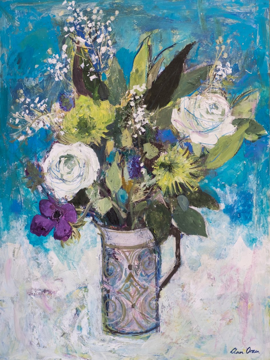 Jug with White Roses and Other Flowers by Ann Oram