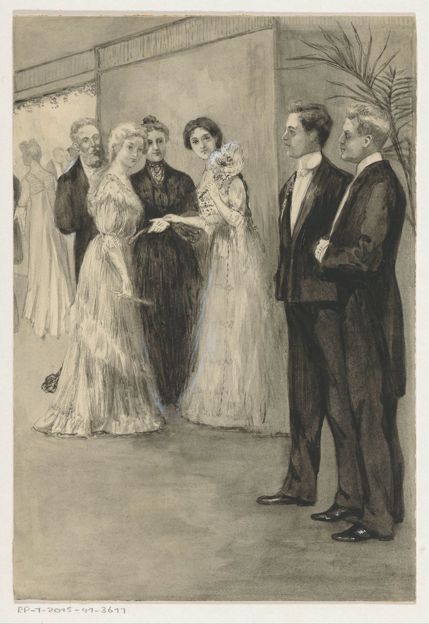 Sisters in Evening Dress Looking at Two Young Men by Anna Maria Kruijff